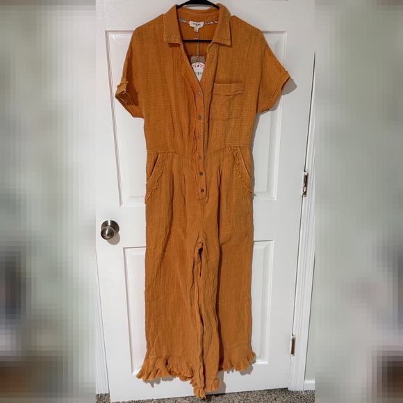 Umgee Pants - Umgee‎ Womens Mustard Orange Gauze Ruffle Hem Button Front Jumpsuit Small NWT